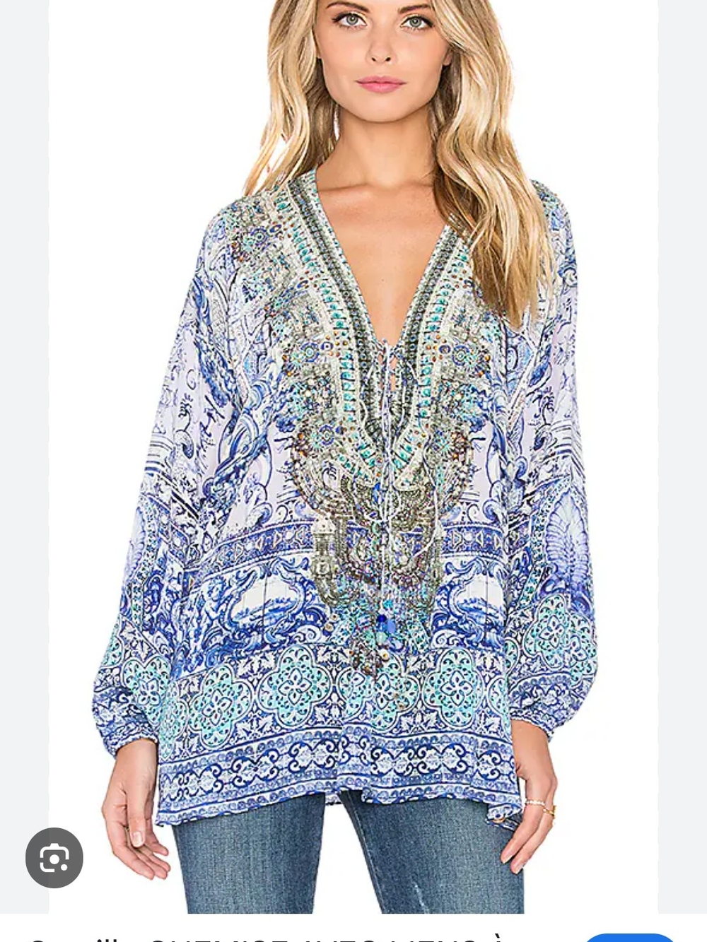 Camille 100% Silk Bohemian V-Neck Tunic Top - Blue Multi